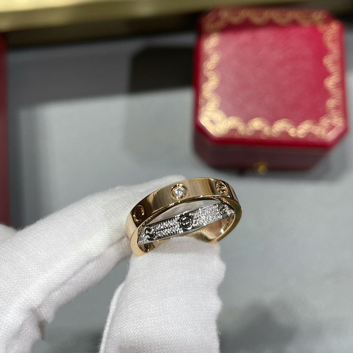 [Renovia Jewelry]LOVE PINK GOLD SILVER DIAMOND DOUBLE RING