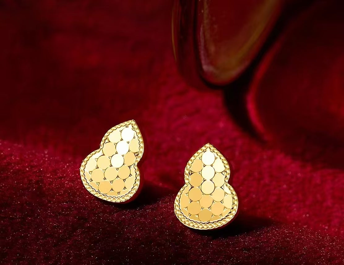 S999 Sterling Silver Needle Golden Gourd Stud Earrings