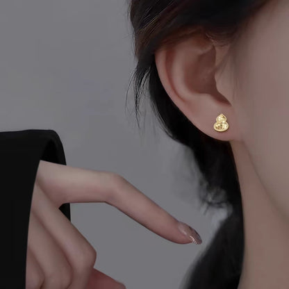 S999 Sterling Silver Needle Golden Gourd Stud Earrings