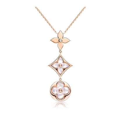 [Renovia Jewelry]COLOR BLOSSOM LARIAT NECKLACE PINK GOLD WHITE MOTHER PEARL AND DIAMOND